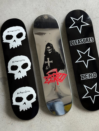 Zero skateboards x Pleasures brand collection 3 skateboard decks with iconic zero graphics on them