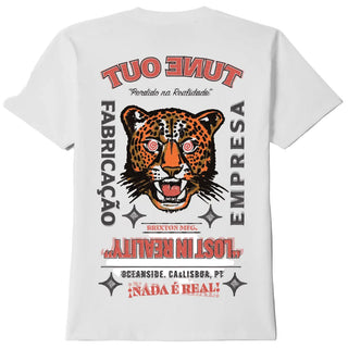 White t-shirt with a graphic design featuring a tiger and text on a white background