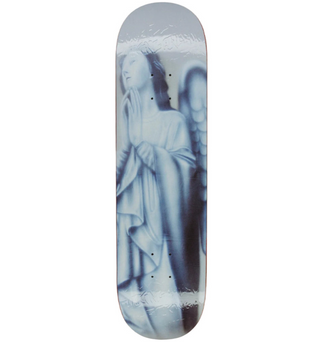 Skateboard deck with artistic design of a angel figure on a white background
