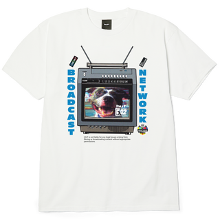 A white short-sleeve crewneck t-shirt featuring a retro television graphic on the chest. The graphic includes the text 'BROADCAST NETWORK' in blue, a vintage TV set displaying a pitbull dog, and small promotional badges.