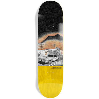 A skateboard deck shown vertically against a white background, featuring a surreal graphic illustration with a black night sky, orange mountain, white car, and a bright yellow wood-grain section at the bottom. The text 'BRYAN HILMAN' and 'JACQUEZ UNLIMITED' is printed near the tail.