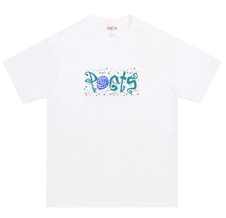 A white short-sleeve crewneck t-shirt featuring a stylized graphic on the chest that reads 'POSTS' in teal and blue with a blue yarn ball icon, set against a plain white background.
