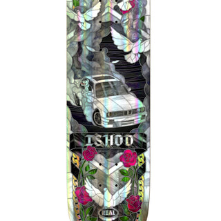 A skateboard deck featuring a highly detailed, stained-glass style graphic design. The artwork includes a white BMW M3 car, white doves, and vibrant pink roses over a gray and black background with an iridescent, holographic sheen.