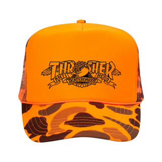 Thrasher X Anti Hero Mag Banner Trucker Hat (Orange/Camo)