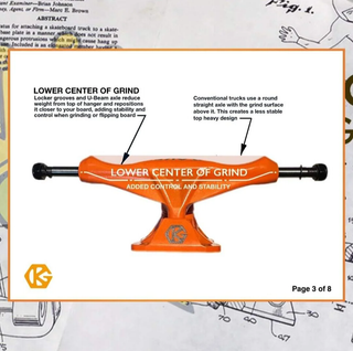 Orange grind king skateboard truck with text explaining lower center of grind on a technical diagram background