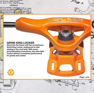 Orange skateboard truck with 'Grind King Locker' branding on a technical drawing background