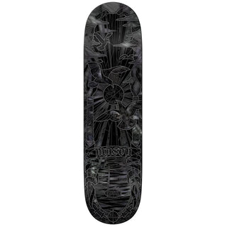 A skateboard deck with a dark, gothic-style graphic design featuring a large cross, angel wings, and the brand name 'MASON' printed near the bottom.